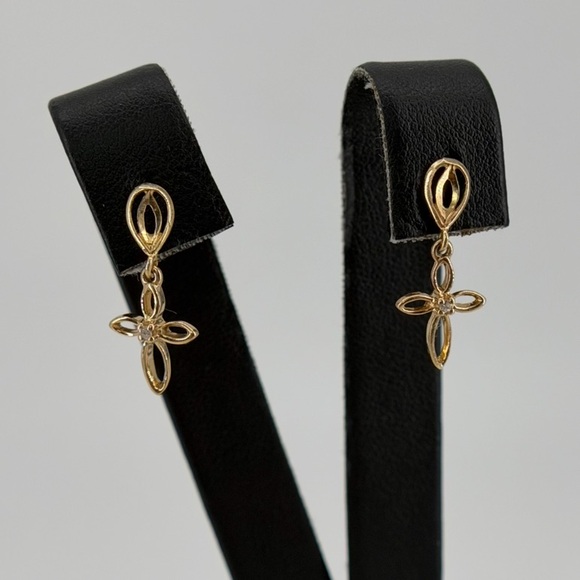 14K Yellow Gold Cross Drop Earrings CZ Diamond Accent 1.2g Real Gold New - Picture 3 of 5